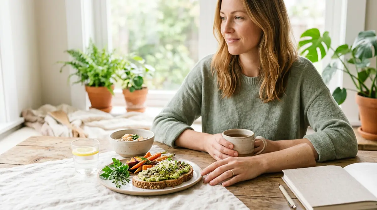 A nourishing balanced meal with protein, fibre and healthy fats representing blood sugar balance for hormonal health