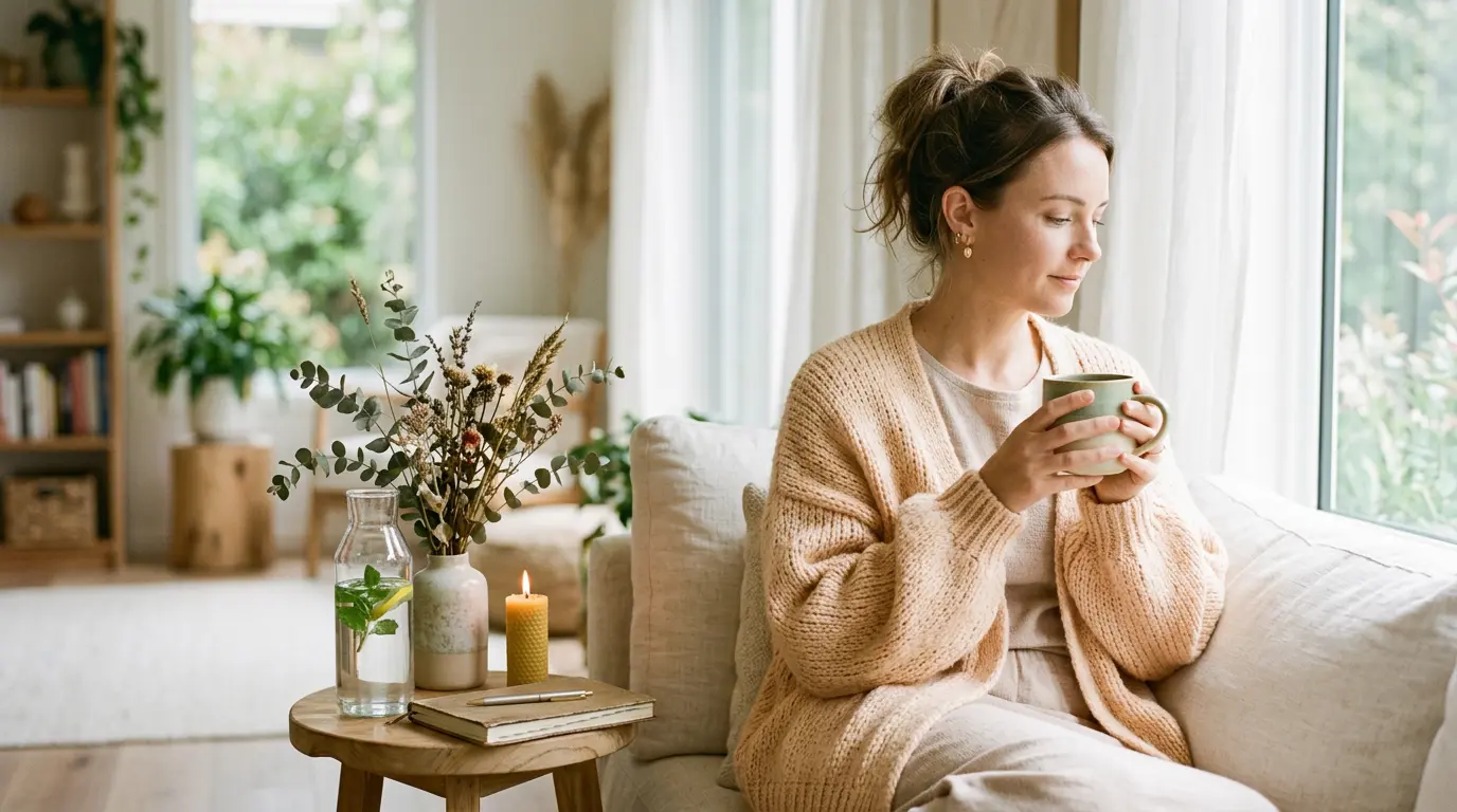 A calm woman resting in a peaceful setting representing stress reduction and hormonal balance