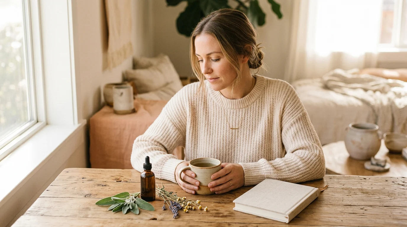 A woman sitting thoughtfully, representing thyroid health and menstrual cycle awareness